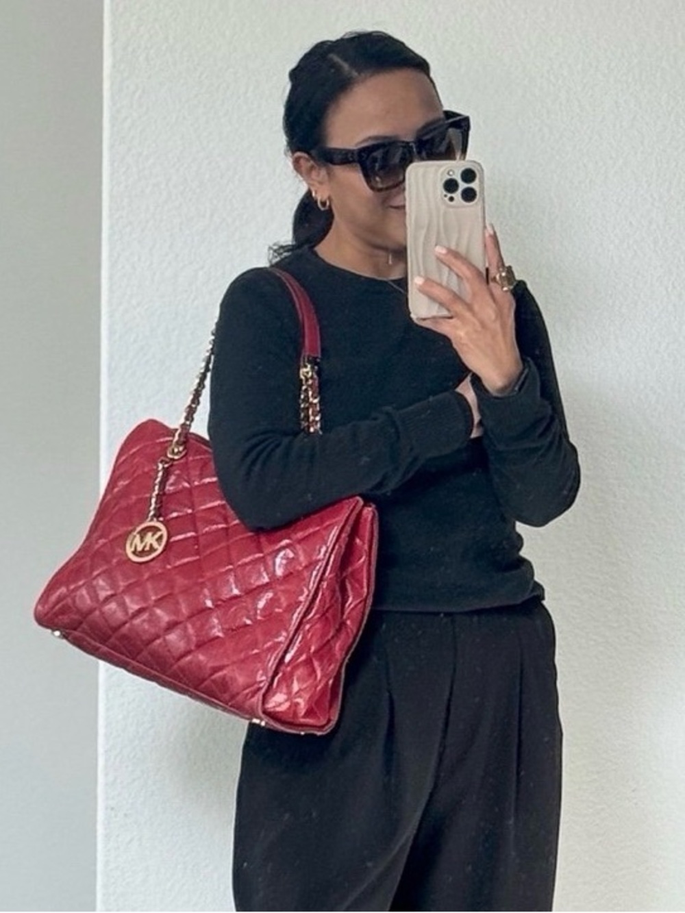Michael Kors Red Leather Quilted Chain Shoulder Tote Bag Gold Hardware - Picture 16 of 16